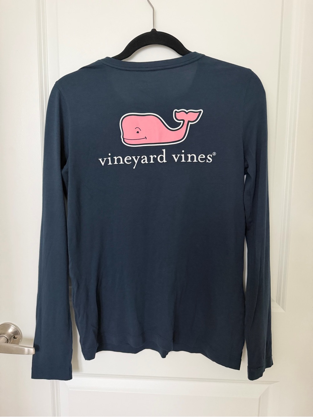 Vineyard Vines Long-Sleeve Tee with Pink Whale on Navy